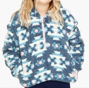 Justice Girls Sherpa Pullover Tribal Print Aztec Blue Blush Pink Hoodie -Size 12